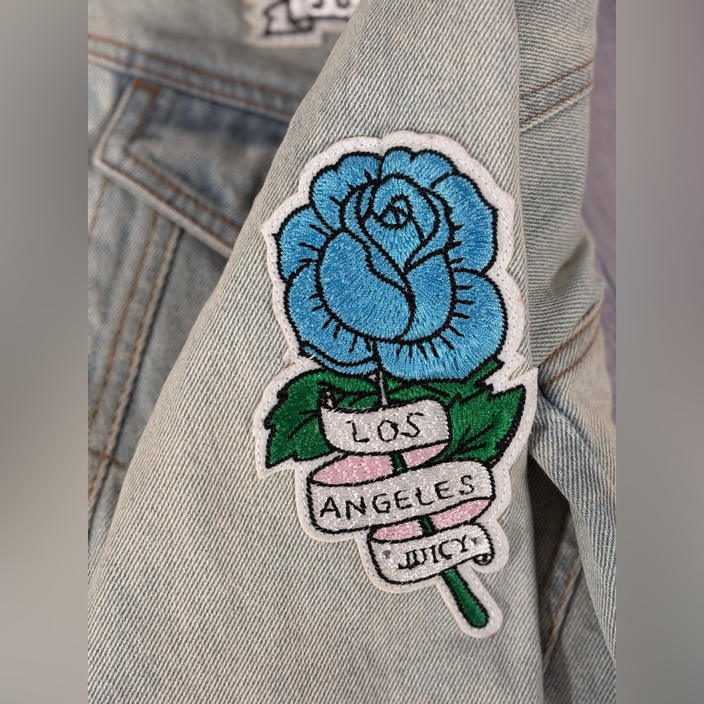 Juicy Couture Cabana Wash Tattoo Patch Distressed Cropped Urban Denim Jacket S - Picture 6 of 14